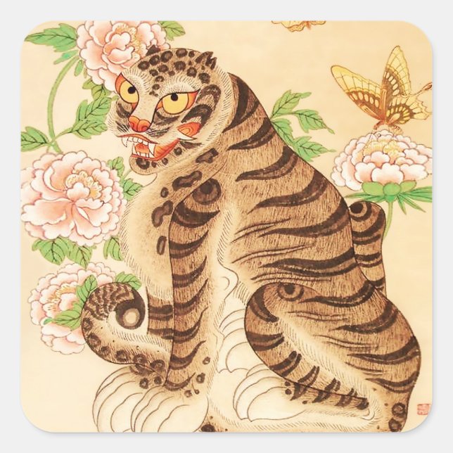 Korean Striped Tiger Vintage Minhwa  Square Sticker (Front)