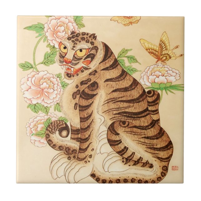 Korean Striped Tiger Vintage Minhwa  Tile (Front)