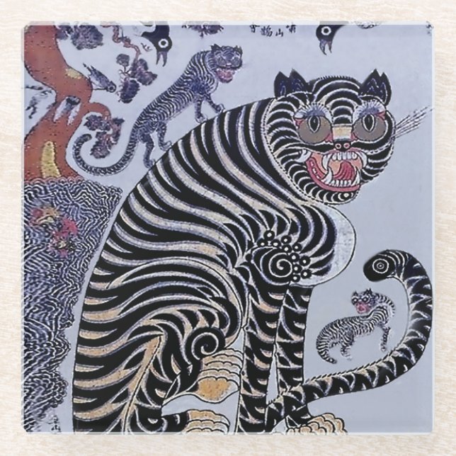 Korean Tiger Minhwa with Three Cubs Glass Coaster (Front)