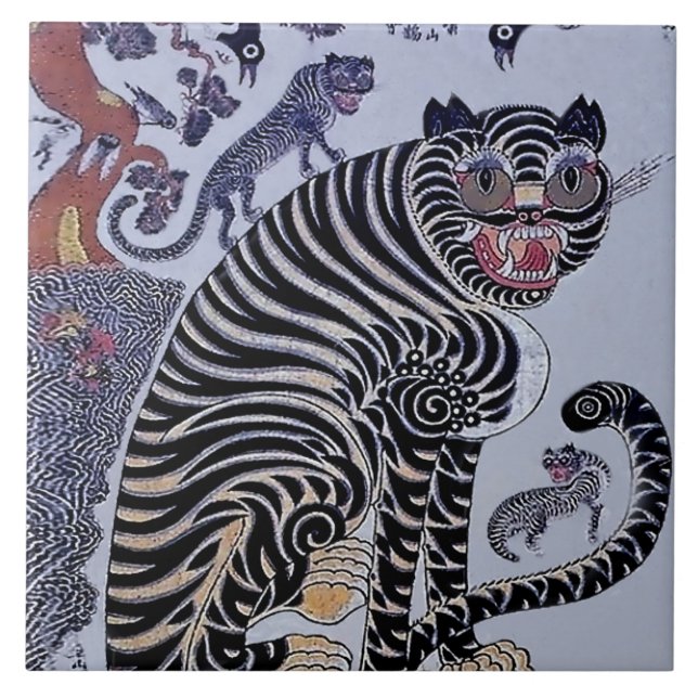 Korean Tiger Minhwa with Three Cubs Tile (Front)