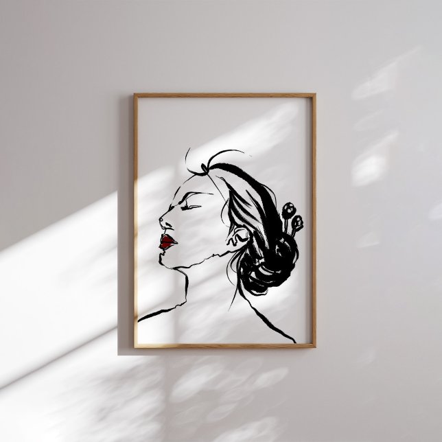 Korean Woman Profile Ink Art with Red Lips Poster (Creator Uploaded)