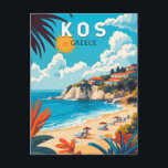 Kos Greece Travel Art Vintage Postcard<br><div class="desc">Kos retro vector travel design. Kos,  one of Greece’s Dodecanese islands,  is known for its abundant sandy beaches. It’s also rich with Greek and Roman landmarks,  particularly in and around Kos Town.</div>