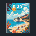 Kos Greece Travel Art Vintage Postcard<br><div class="desc">Kos retro vector travel design. Kos,  one of Greece’s Dodecanese islands,  is known for its abundant sandy beaches. It’s also rich with Greek and Roman landmarks,  particularly in and around Kos Town.</div>