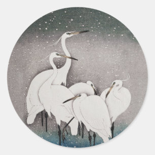 Koson Egrets in the Snow: Vintage Japanese Classic Round Sticker