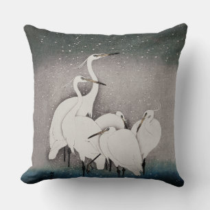 Koson Egrets in the Snow: Vintage Japanese Cushion