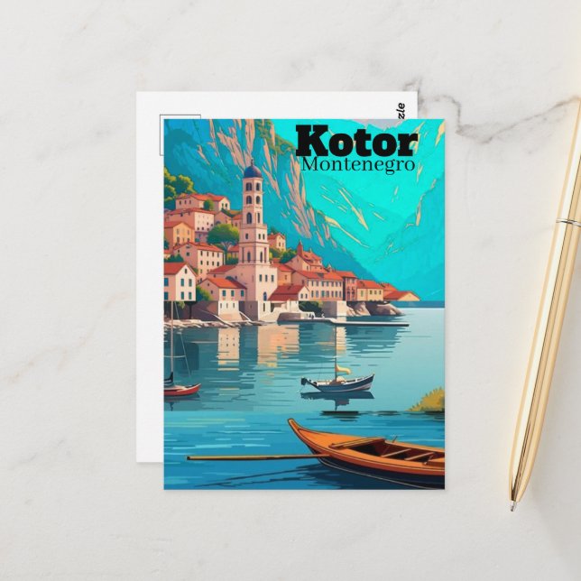 Kotor Montenegro Travel Art Postcard, Kotor Travel Postcard (Front/Back In Situ)