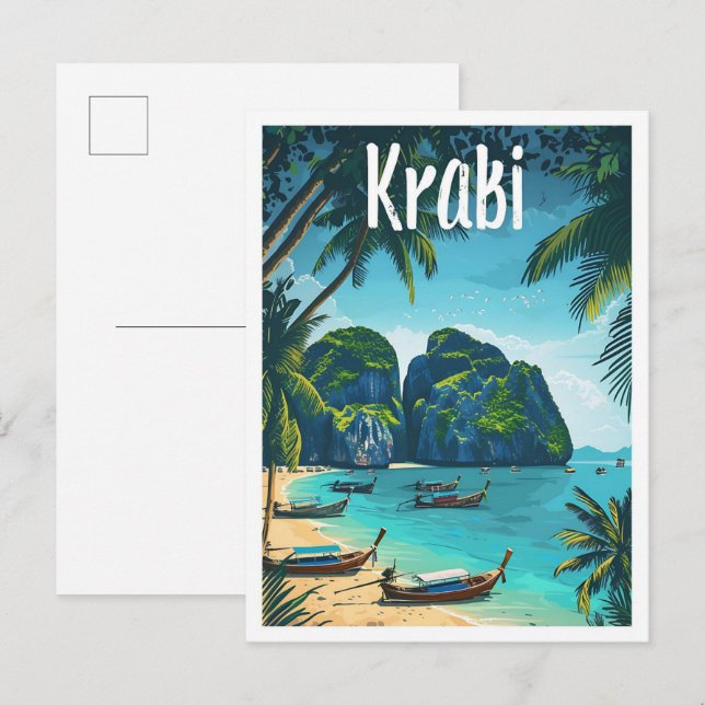 Krabi Thailand Vintage Art Travel Illustration Postcard (Front/Back)