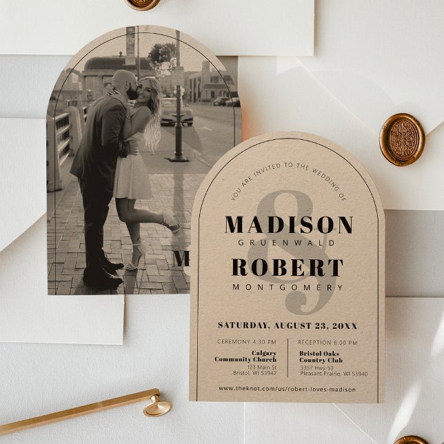 Kraft Ampersand Black & White Photo Arch Wedding Invitation (Beautiful modern black kraft simple elegant ampersand typography photo arch wedding invitation)