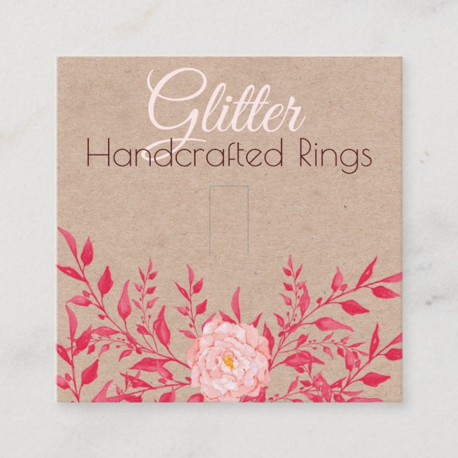 Kraft And Pink Foliage Ring Display Packaging Square Business Card (Front)