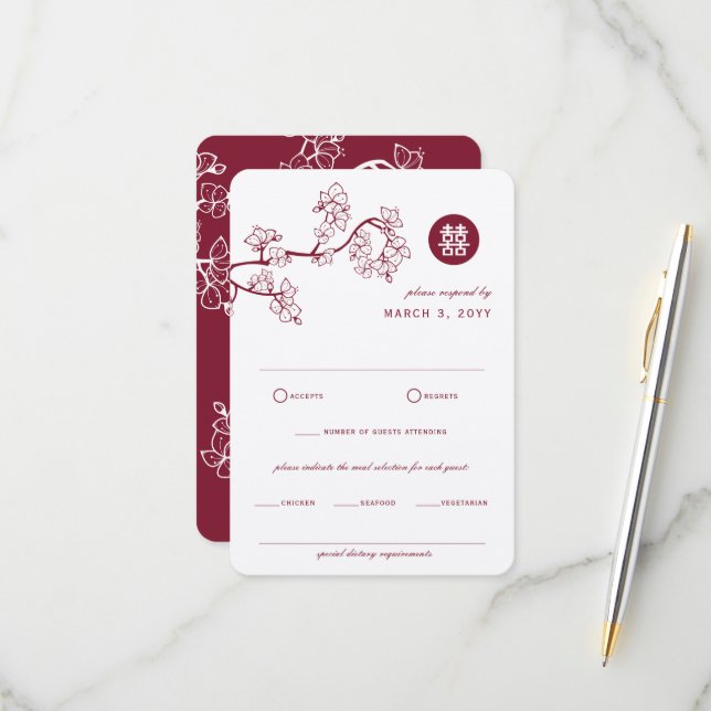 Kraft And Red Plum Blossoms Modern Asian Wedding RSVP Card (Front/Back In Situ)