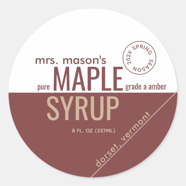 Kraft and Red Spring Season with Year Maple Syrup  Classic Round Sticker (Front)