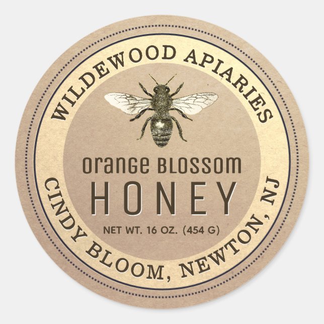 Kraft and Sepia Honey Jar Bee Label (Front)