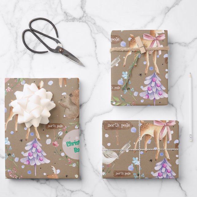 Kraft Baby First Christmas Reindeer Add Baby Name Wrapping Paper Sheet (Front)