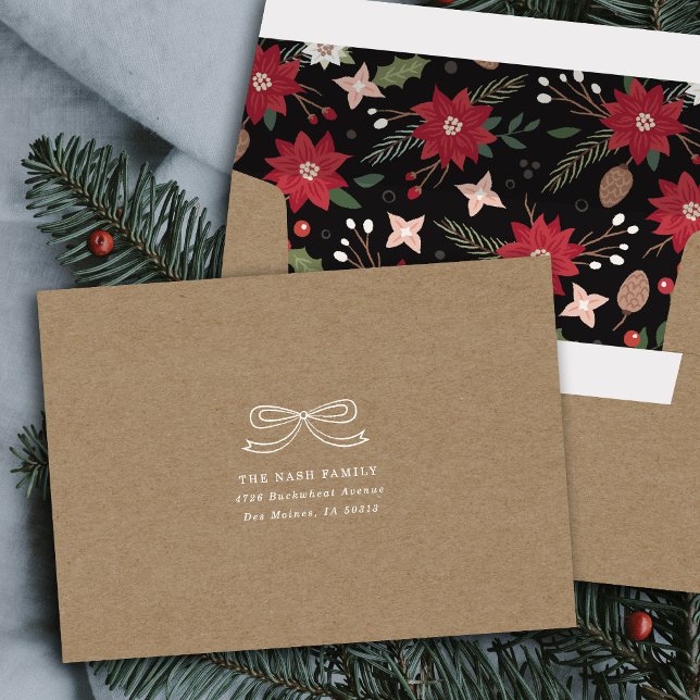 Kraft Black Christmas Bow Floral Holiday Envelope (Creator Uploaded)