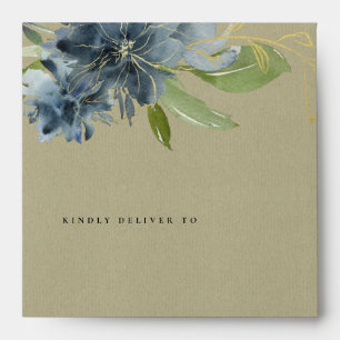 KRAFT BLUE GOLD GREEN FLORAL WATERCOLOR ADDRESS ENVELOPE