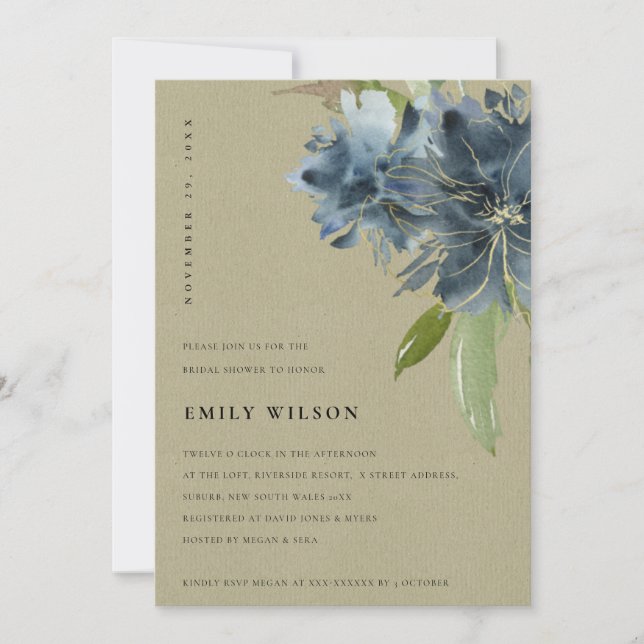 KRAFT BLUE GREEN GOLD FLORAL BRIDAL SHOWER INVITE (Front)