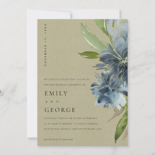 KRAFT BLUE GREEN GOLD FLORAL WEDDING INVITE