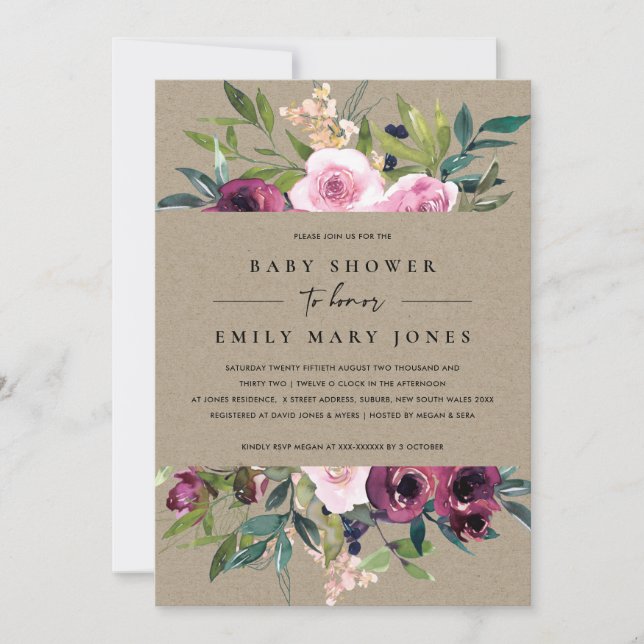 KRAFT BLUSH BURGUNDY FLORAL BUNCH BABY SHOWER INVITATION (Front)