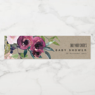 KRAFT BLUSH BURGUNDY FLORAL BUNCH BABY SHOWER WATER BOTTLE LABEL
