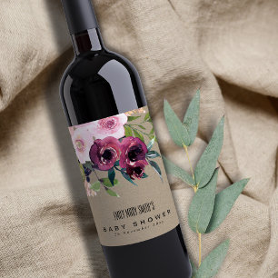 KRAFT BLUSH BURGUNDY FLORAL BUNCH BABY SHOWER WINE LABEL