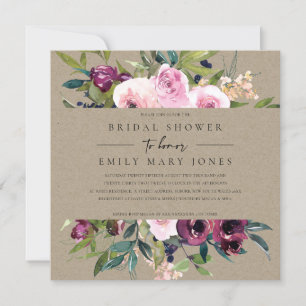 KRAFT BLUSH BURGUNDY FLORAL BUNCH BRIDAL SHOWER INVITATION