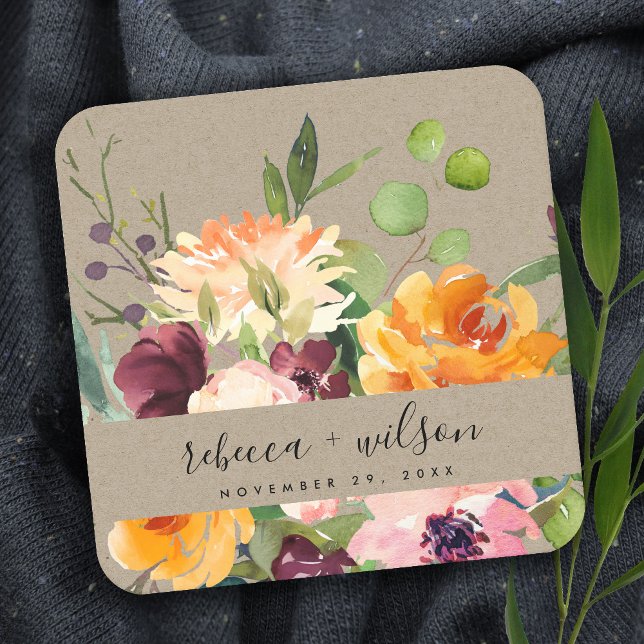 KRAFT BLUSH YELLOW ORANGE FLORAL BUNCH WEDDING SQUARE PAPER COASTER (Creator Uploaded)