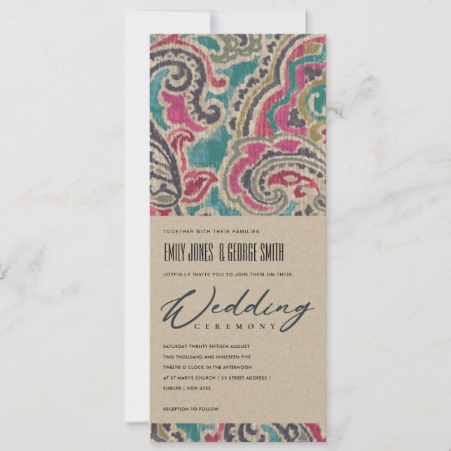 KRAFT BOHO IKAT TRIBAL PATTERN PINK TEAL WEDDING  INVITATION (Front)
