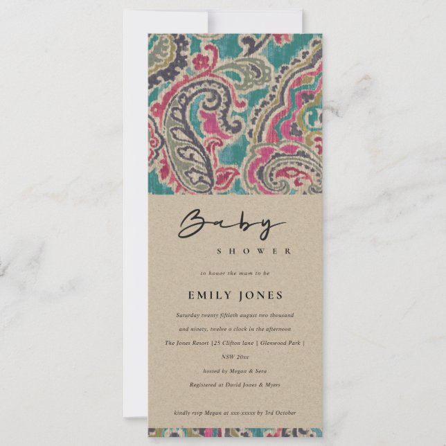 KRAFT BOHO TRIBAL IKAT PATTERN PINK BABY SHOWER   INVITATION (Front)