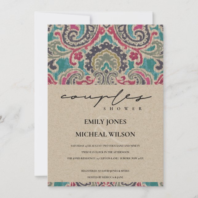 KRAFT BOHO TRIBAL IKAT PINK COUPLES SHOWER INVITE (Front)