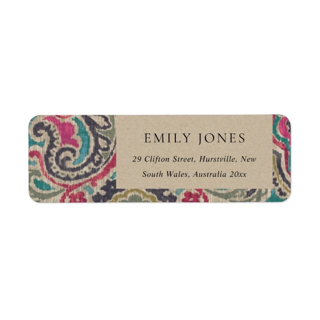 KRAFT BOHO TRIBAL IKAT PINK TEAL ADDRESS LABEL (Front)