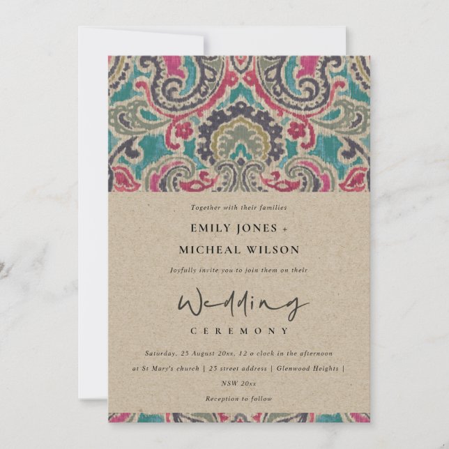 KRAFT BOHO TRIBAL IKAT PINK TEAL WEDDING INVITE (Front)