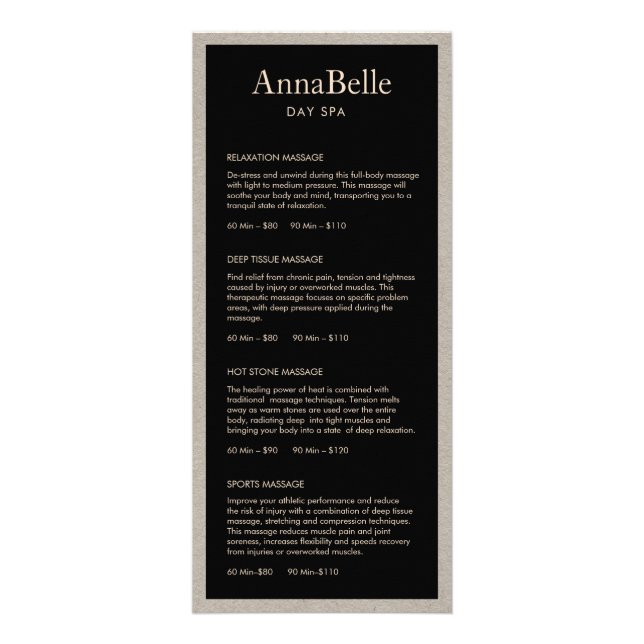 Kraft Border Black Spa Salon Price List Menu (Front)