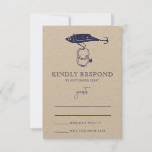 Kraft Brown Rustic Fishing Lure Rings Navy Blue RSVP Card