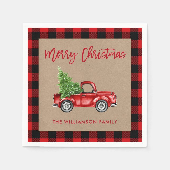 Kraft Brush Script Plaid Christmas Vintage Truck Napkin (Front)