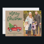 Kraft Brush Script Vintage Truck Photo Christmas Holiday Card<br><div class="desc">Kraft Green Brush Script Watercolor Vintage Red Truck with Christmas Tree - Merry Christmas Family Photo Card</div>