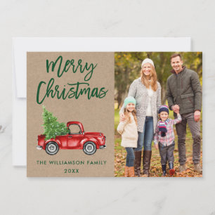 Kraft Brush Script Vintage Truck Photo Christmas Holiday Card