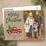 Kraft Brush Script Vintage Truck Photo Christmas Postcard<br><div class="desc">Kraft Green Brush Script Watercolor Vintage Red Truck with Christmas Tree - Merry Christmas Family Photo Postcard</div>