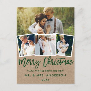 Kraft Brush Script Wedding Christmas 4 Photo Postcard