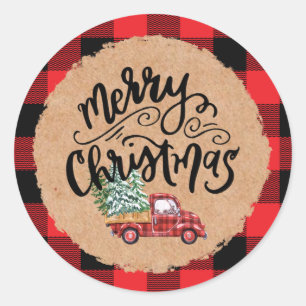 Kraft Buffalo Plaid Script Christmas Holiday Truck Classic Round Sticker