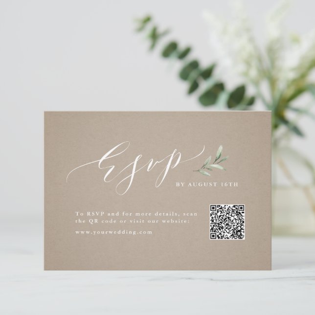 Kraft calligraphy rustic greenery wedding QR code  RSVP Card (Standing Front)