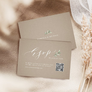 Kraft calligraphy rustic greenery wedding QR code RSVP Card