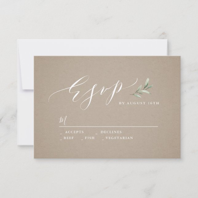 Kraft calligraphy rustic greenery wedding RSVP Card (Front)
