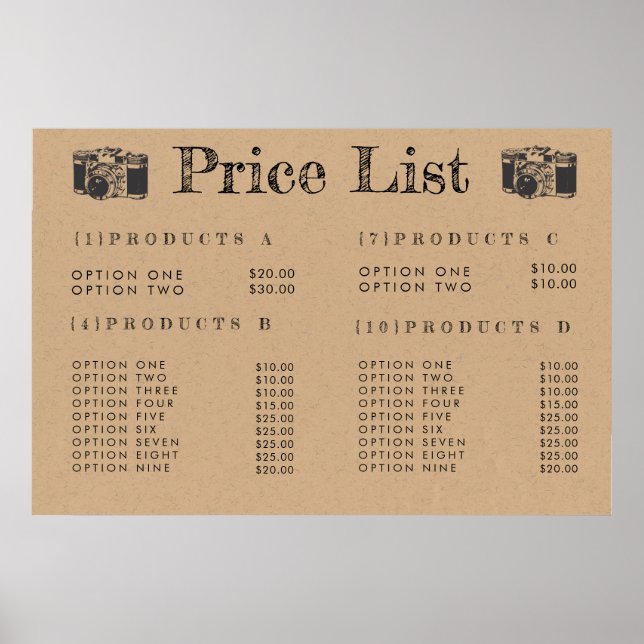Kraft Camera Photographer Price Menu Print Poster (Front)