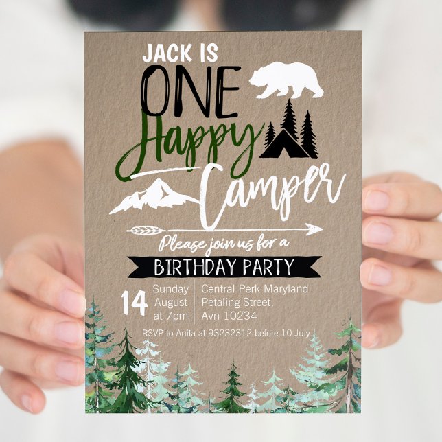 Kraft Camper 1st Birthday Forest Camping Party Invitation (Creator Uploaded)