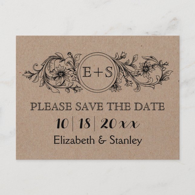Kraft cardboard initials wedding Save the Date Announcement Postcard (Front)