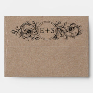 Kraft cardboard vintage floral initials wedding envelopes