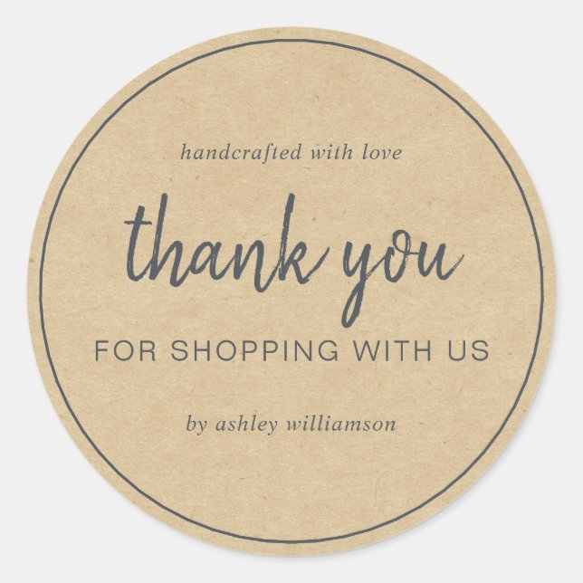 Kraft Chic Script Thank You For Shopping Classic Round Sticker (Front)