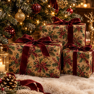 Kraft Christmas Botanical Pattern – Burgundy Bow, Wrapping Paper