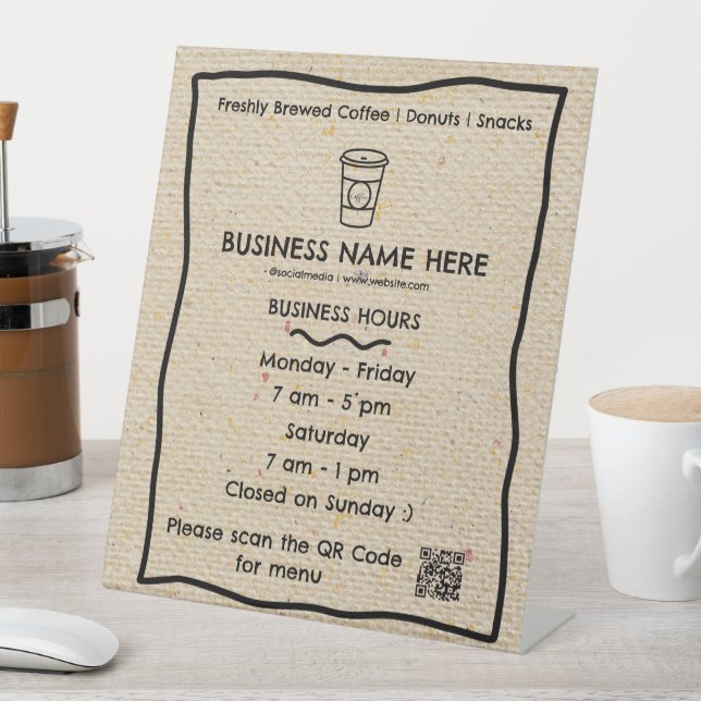 Kraft Coffee Cup Café Opening Hours QR Code Pedestal Sign (In SItu)