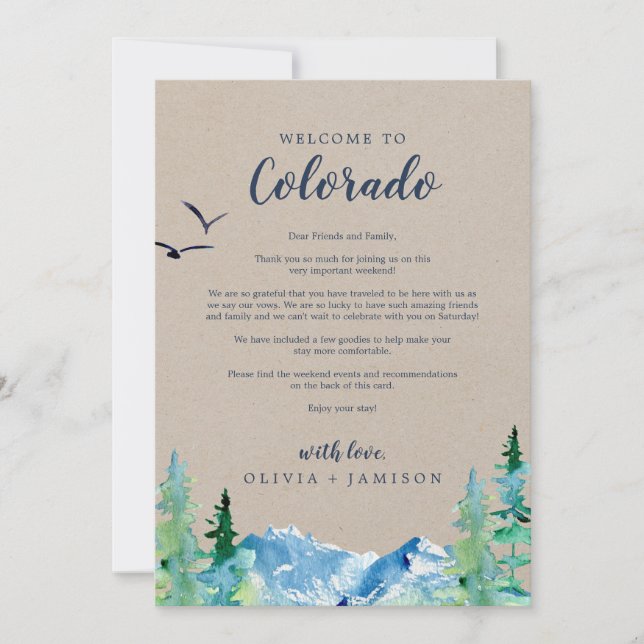 Kraft Colorado Wedding Welcome Letter & Itinerary (Front)